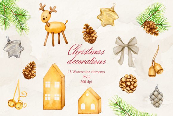 Christmas Decorations. Watercolor. PNG.